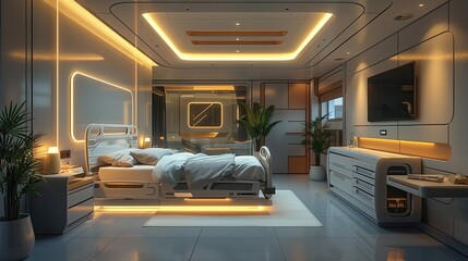 Futuristic hospital room with comfortable bed, modern furniture, and warm lighting.