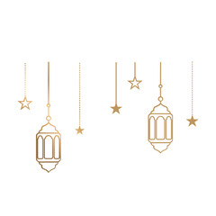 Ramadan gold hanging lanterns and lamps with star, crescent moon and arabian decoration. Traditional islamic lanterns.