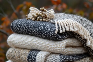 Fototapeta premium Cozy scandinavian-inspired textiles outdoor setting photography autumn landscape close-up view aesthetic warmth