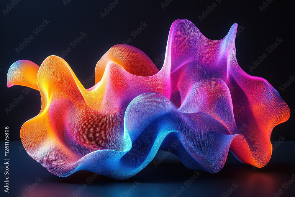 Poster Abstract 3D rendering of vibrant, flowing, colorful mesh, creating a dynamic and visually captivating artwork.