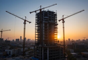 Sunset Construction with Silhouetted Cranes and Cityscape