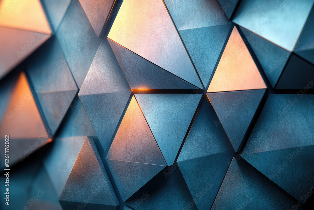Poster Abstract metallic triangular pattern with warm light accents, creating a modern and geometric design.
