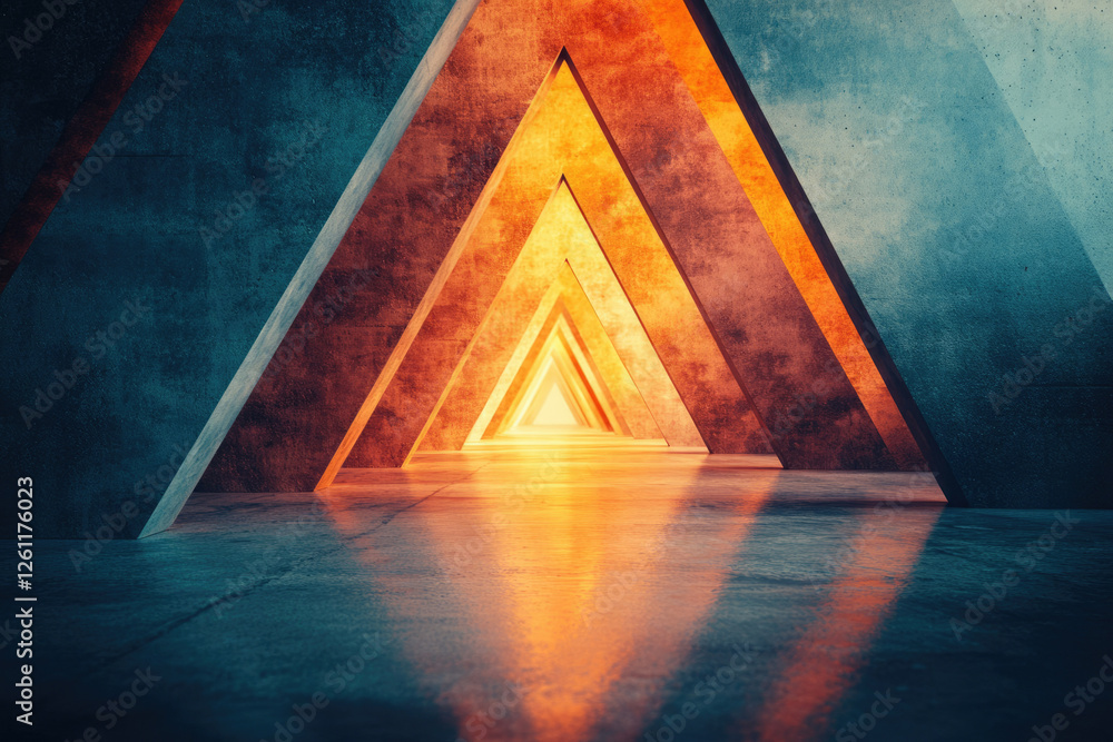 Poster abstract image of a futuristic tunnel with warm and cool toned concrete triangles leading to a brigh