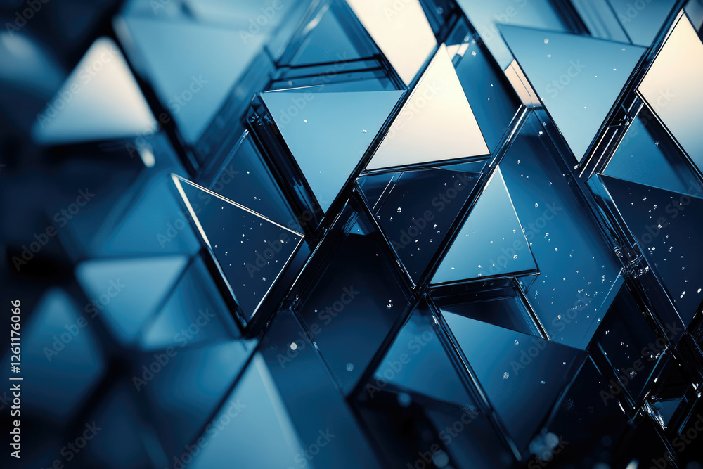 Poster Abstract 3D rendering of a complex structure composed of glossy, dark blue triangular prisms.