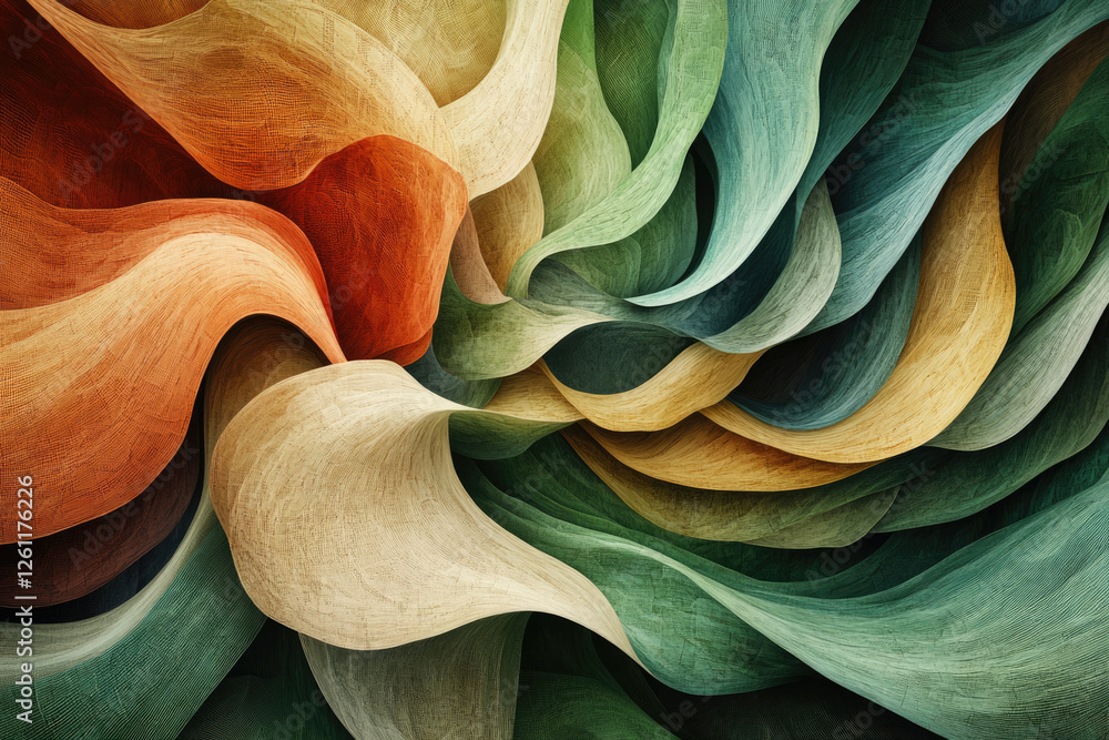 Poster abstract swirling textile art with earthy tones of orange, beige, and green creating a dynamic and t