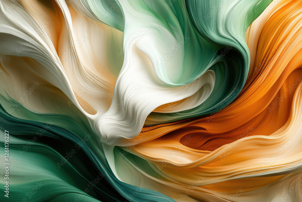 Poster abstract artwork featuring swirling, flowing forms in shades of green, white, and orange. organic sh