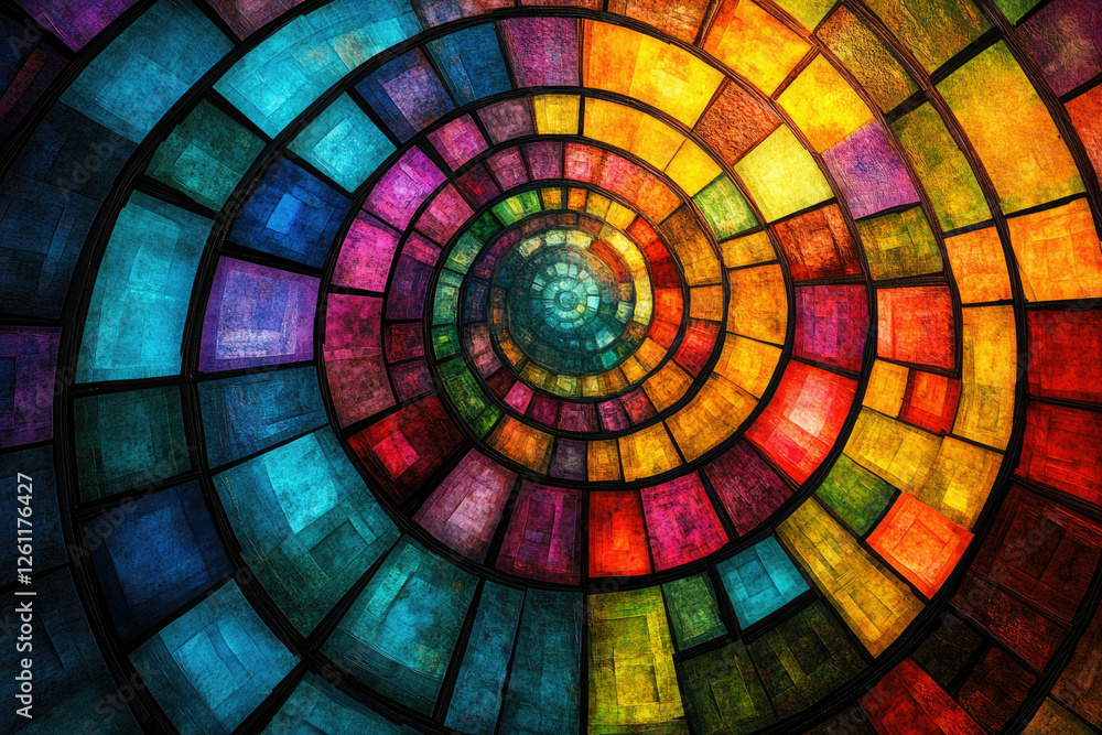 Poster a mesmerizing spiral of colorful stained glass squares creates a vibrant and textured visual experie