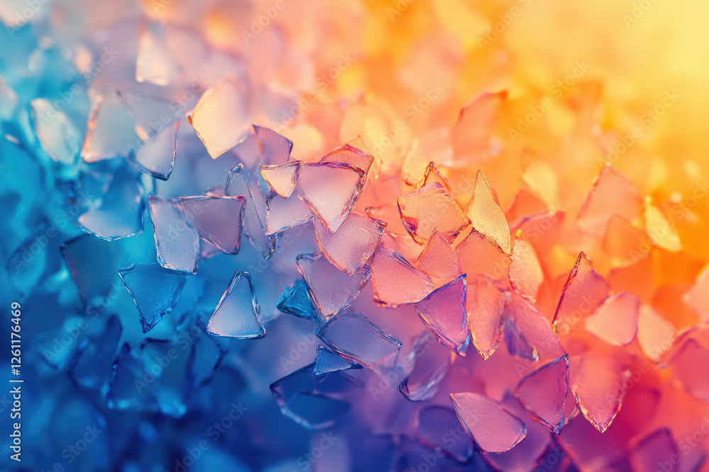 Poster Abstract image of vibrant, translucent triangular shards transitioning from cool blues to warm oranges.