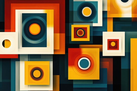 Abstract geometric artwork featuring nested squares and concentric circles in vibrant orange, yellow, red, and blue hues.