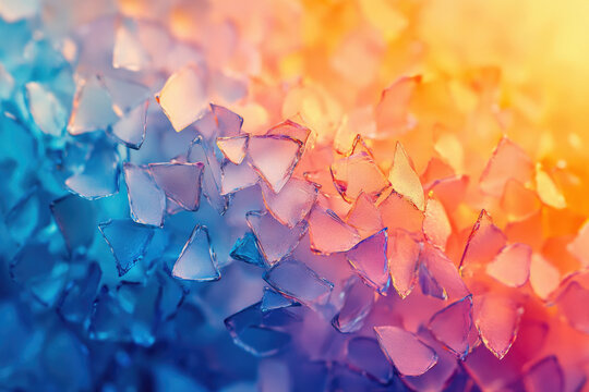 Abstract image of vibrant, translucent triangular shards transitioning from cool blues to warm oranges.