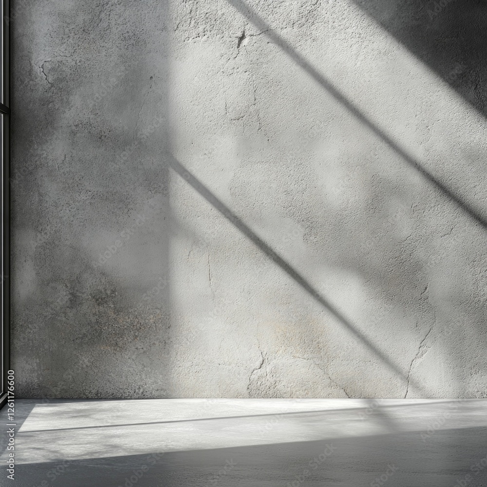 Poster soft natural light streams through a large window, illuminating a textured gray cement wall. intrigu