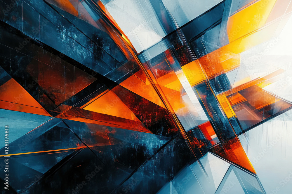 Poster abstract geometric artwork featuring intersecting orange and blue glass structures with a grunge tex