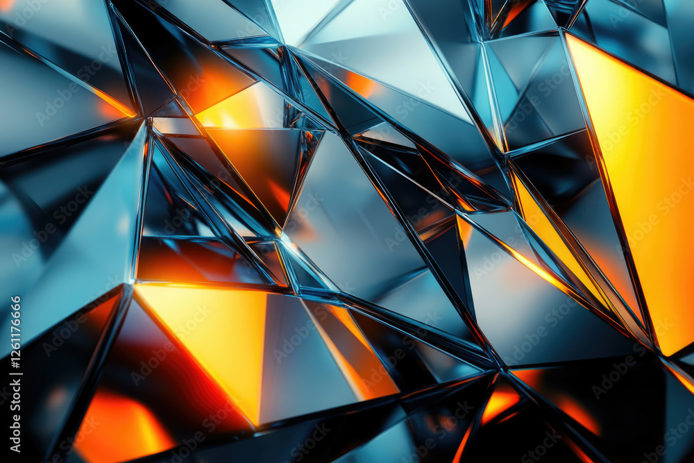 Poster abstract 3d rendering of fragmented, glossy, dark blue and orange triangles, creating a vibrant, geo