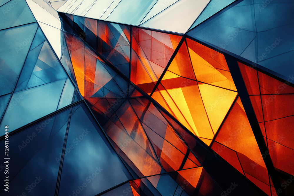 Poster abstract architectural design with vibrant orange and blue glass panels creating a striking geometri