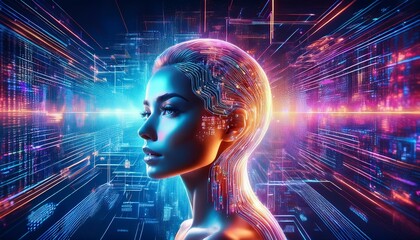 A futuristic digital concept where binary code, AI neural networks merge into female face 
