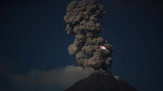 Volcanic lightning in ash clouds during eruption from of Colima volcano in Mexico.