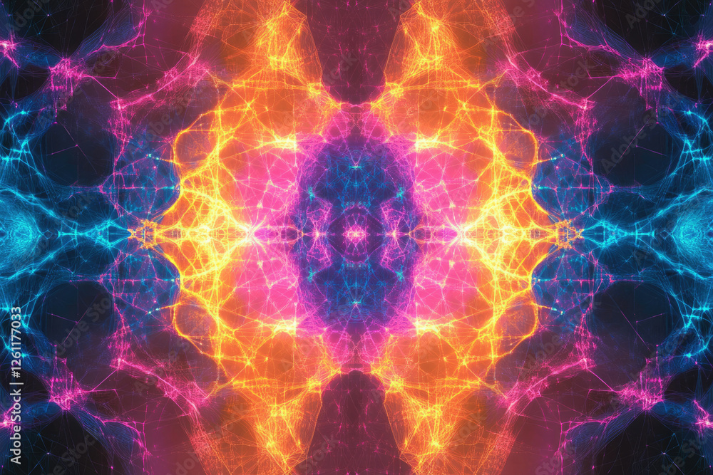 Poster symmetrical abstract art with vibrant neon colors, resembling a cosmic energy field or neural networ