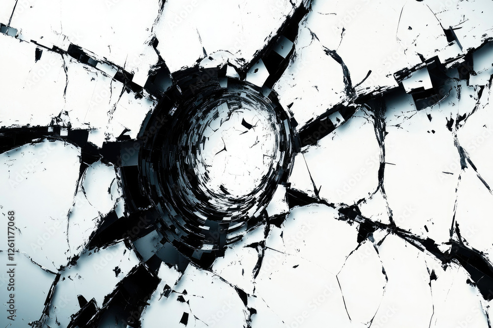 Poster abstract art depicting a shattered surface with a central vortex, conveying a sense of destruction a
