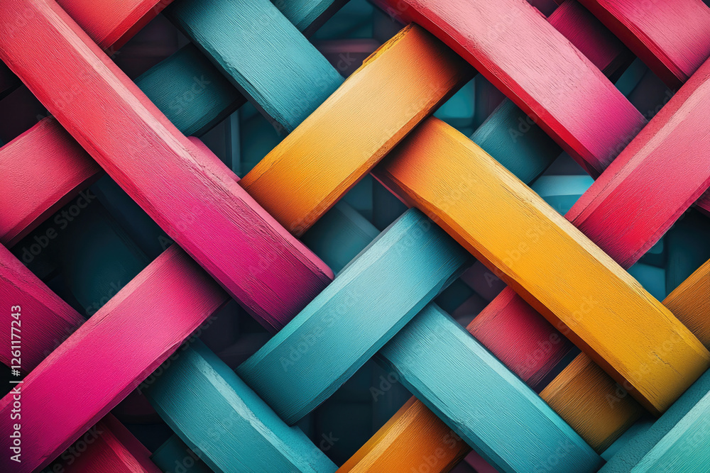 Poster abstract image of colorful, interwoven wooden planks creating a complex, geometric pattern.