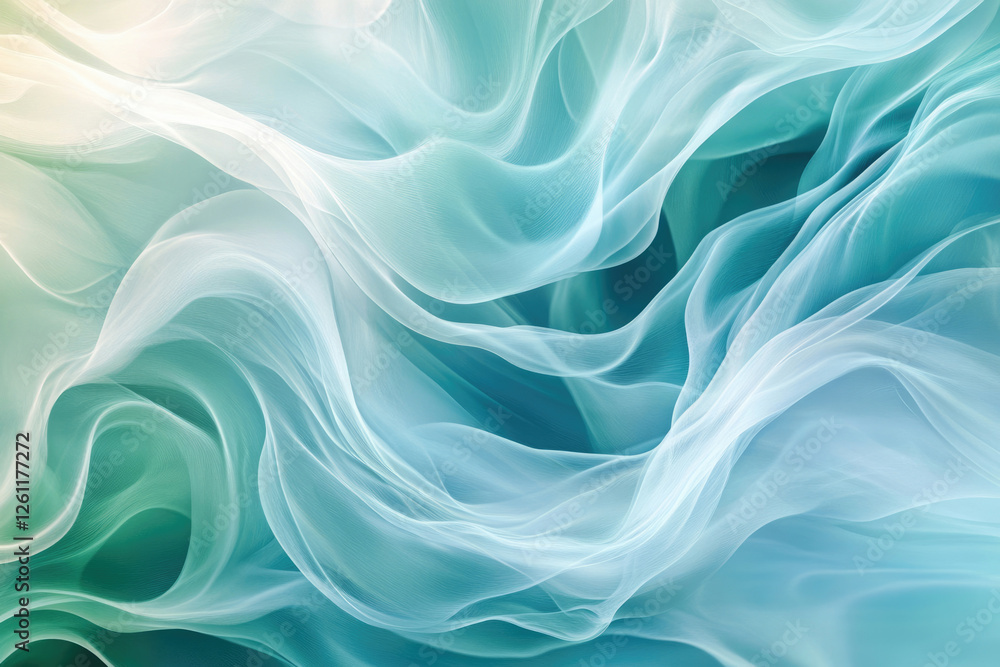 Poster abstract image of flowing, translucent teal and white fabric, creating a serene and ethereal mood.