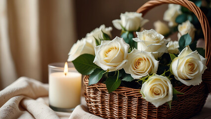 Freshly Cut White Roses In A Wicker Basket Displayed On Charming Floral Background Clipart Illustration