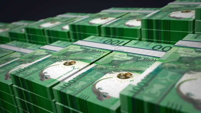 Aruba money Aruban florin banknote bundle growth up loop. 100 AWG stacks. Concept of cash pack, banking, travel, business, economy and finance 3d loopable seamless.