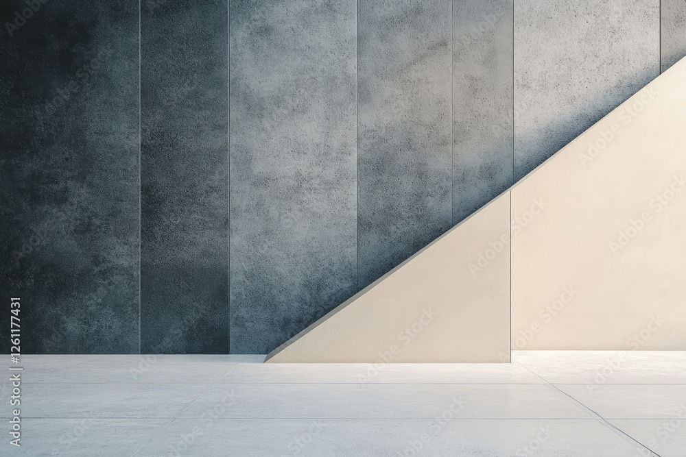 Poster minimalist interior design with contrasting textured walls and a geometric beige element.