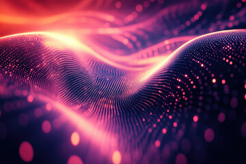 Abstract background with glowing pink particles forming a wave-like pattern.