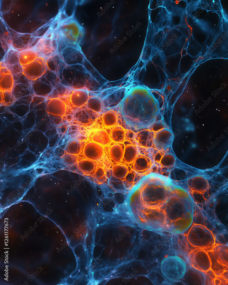 Poster neuro-map showcasing vibrant neural activity in a cosmic landscape