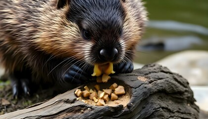 a porcupine eating food off of a log
