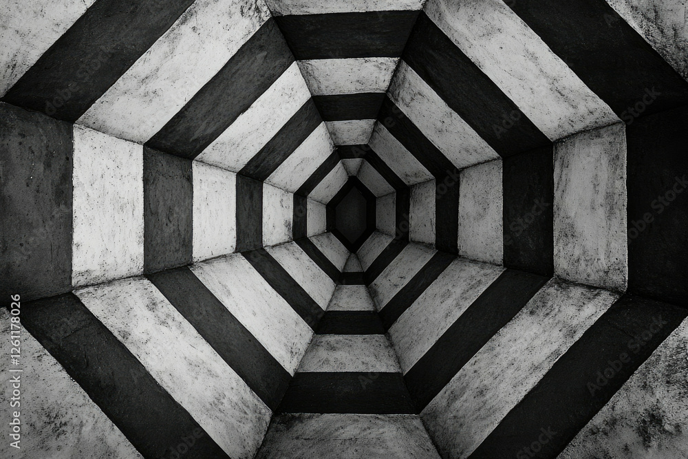 Poster A monochrome hexagonal tunnel with converging black and white stripes creating a compelling perspective.