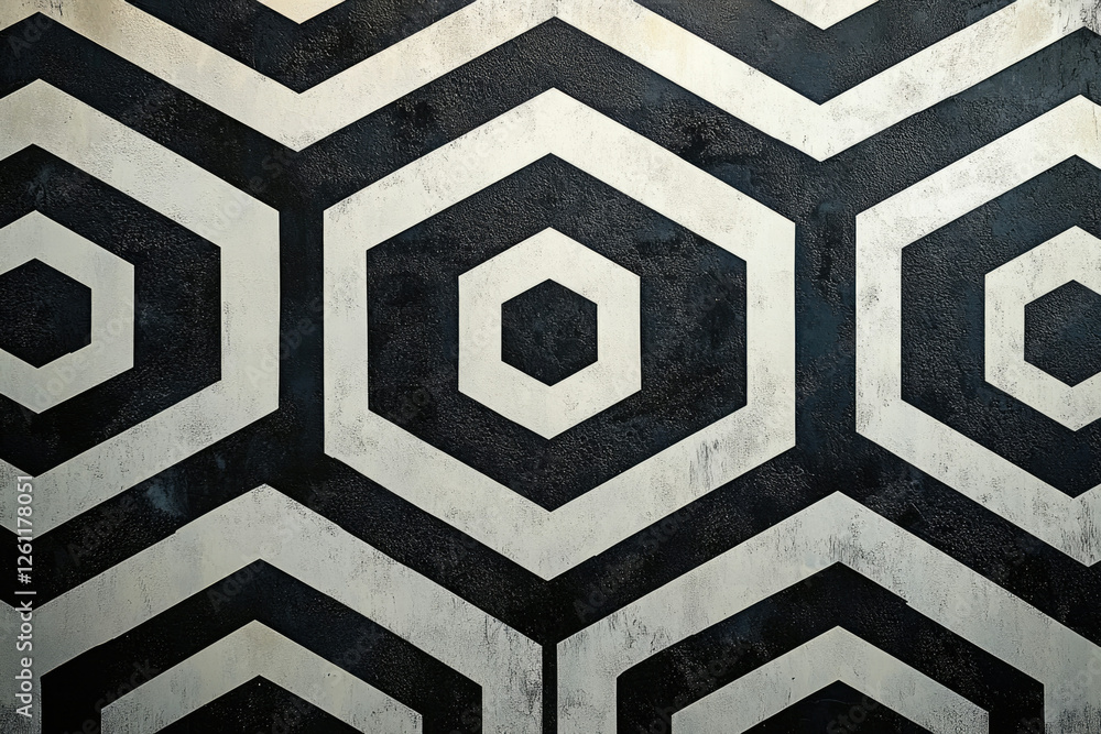 Poster Abstract geometric pattern with black and white hexagons on a textured surface.