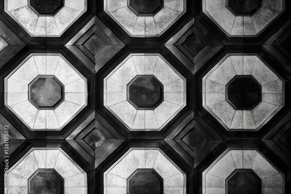 Poster Geometric octagonal pattern in black and white, repeating design on a surface.