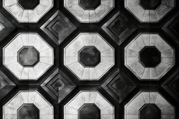 Geometric octagonal pattern in black and white, repeating design on a surface.