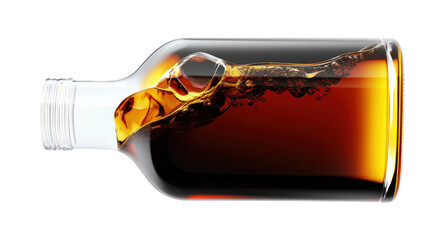 Pouring dark drink in clear bottle isolated on transparent background