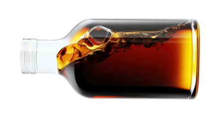 Pouring dark drink in clear bottle isolated on transparent background