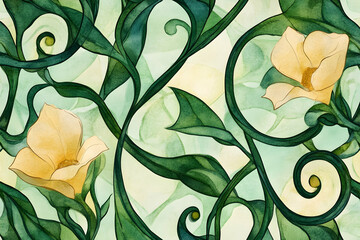 Seamless abstract watercolor floral pattern with beige flowers and green vines