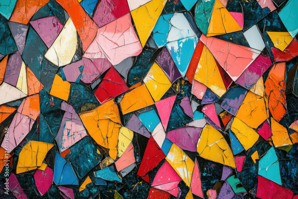 Aufkleber abstract colorful mosaic artwork with cracked paint texture creating a vibrant and chaotic geometric