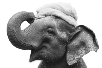 Portrait of elephant black and white image isolated on transparent background,elephant head close up
