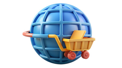 A futuristic shopping platform icon integrating a shopping cart, planet Earth, and a stylized cursor, symbolizing worldwide e-commerce accessibility