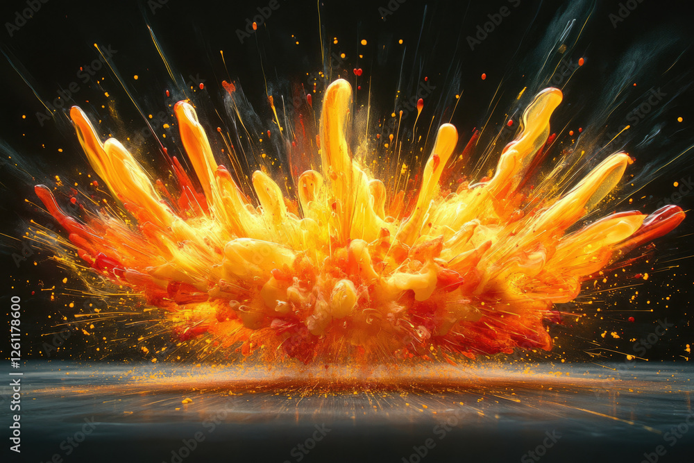 Poster a vibrant explosion of orange and yellow paint, creating a dynamic and energetic visual spectacle.
