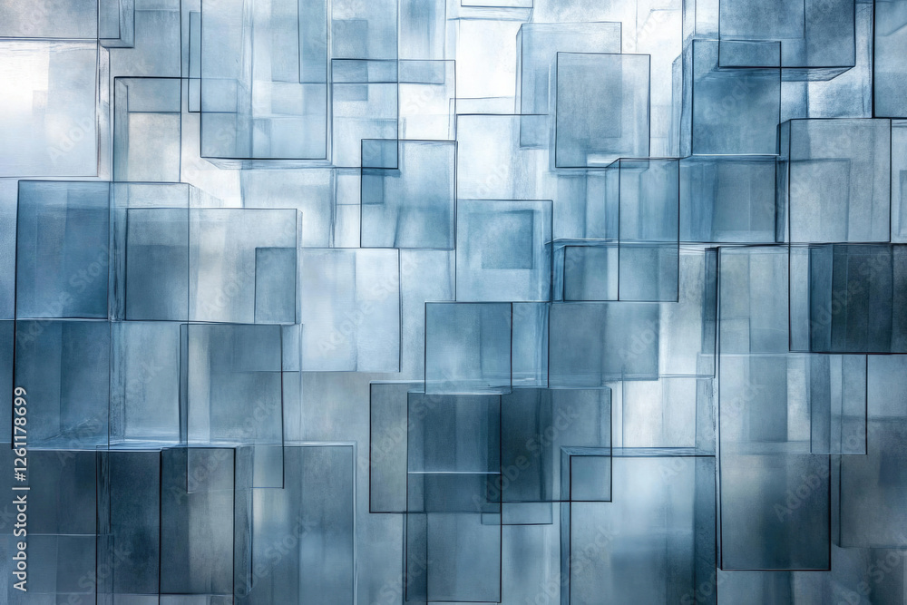 Poster Abstract artwork depicting an intricate arrangement of translucent, overlapping cubes in shades of blue, creating a sense of depth and complexity.