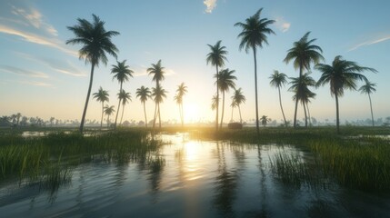 Obraz premium Tranquil Sunrise Over a Tropical Palm Grove and Calm Water