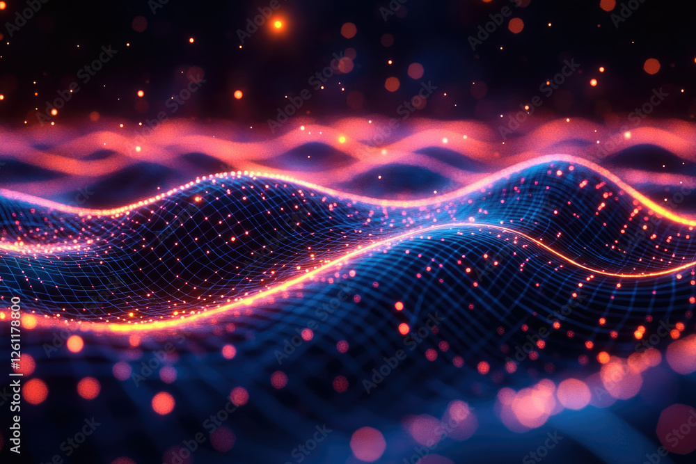 Poster abstract digital landscape with glowing nodes and lines, forming wavy patterns in vibrant blue and o