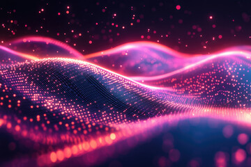 Abstract digital wave, glowing particles forming a vibrant pink and blue landscape.