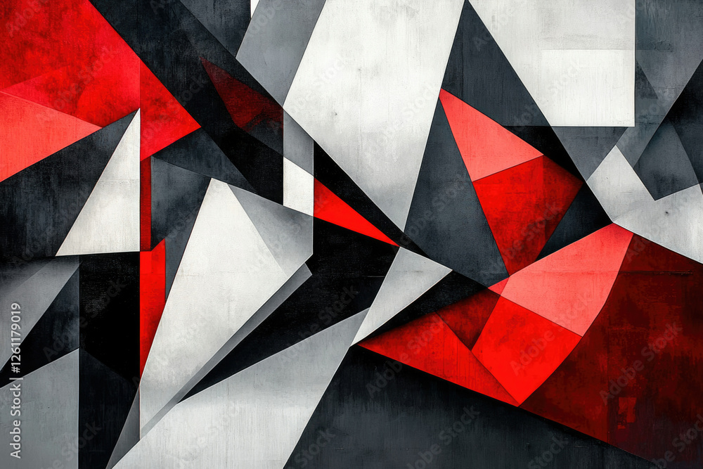 Poster Abstract geometric art featuring intersecting red, black, and grey triangles on a textured background.
