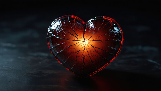 "Glowing heart with cracked edges, light bursting through, dark backdrop."