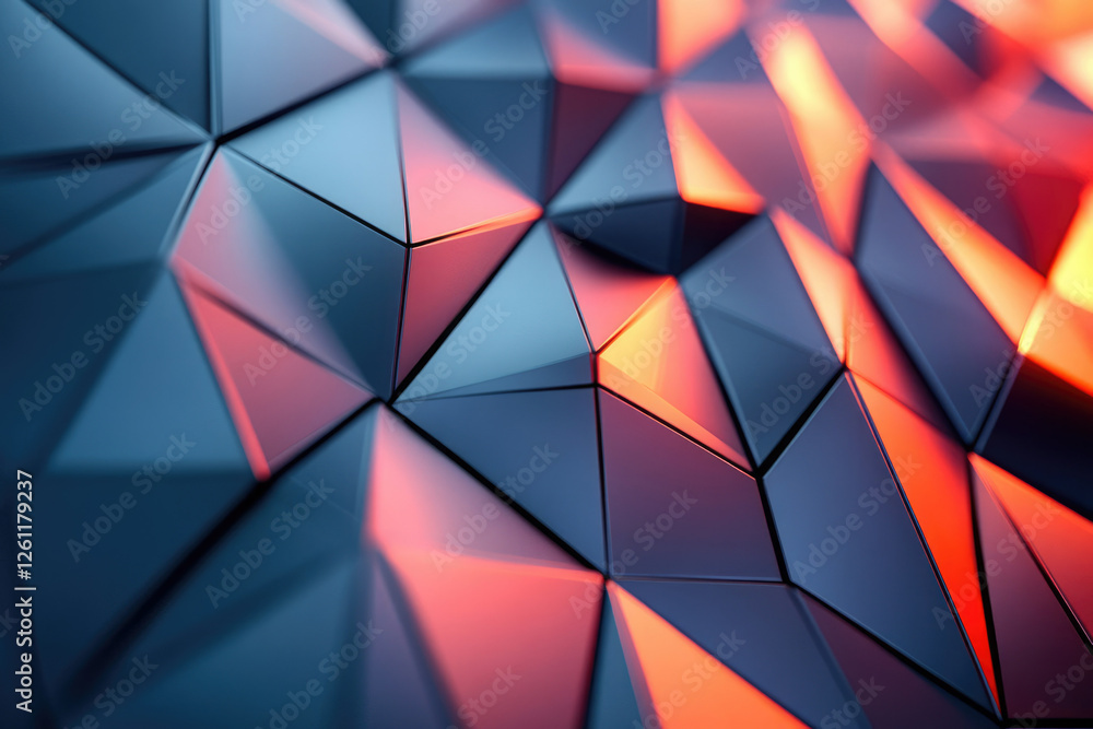 Poster abstract background of metallic triangles with a gradient of blue and orange hues.