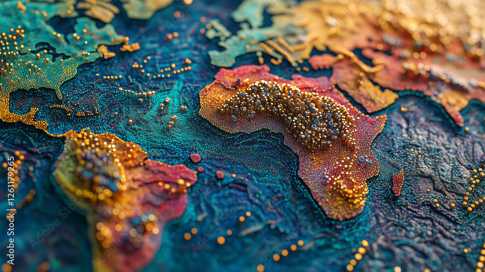 Poster 3D world map showing resources and symbolic graphic bars.