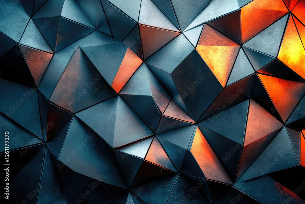 Poster abstract background of dark metallic geometric shapes with orange highlights, creating a modern and 